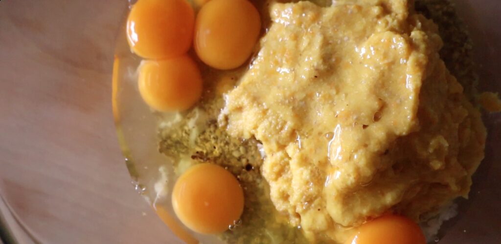 combined eggs, walnuts, pulp in bowl, The Farming Chefs