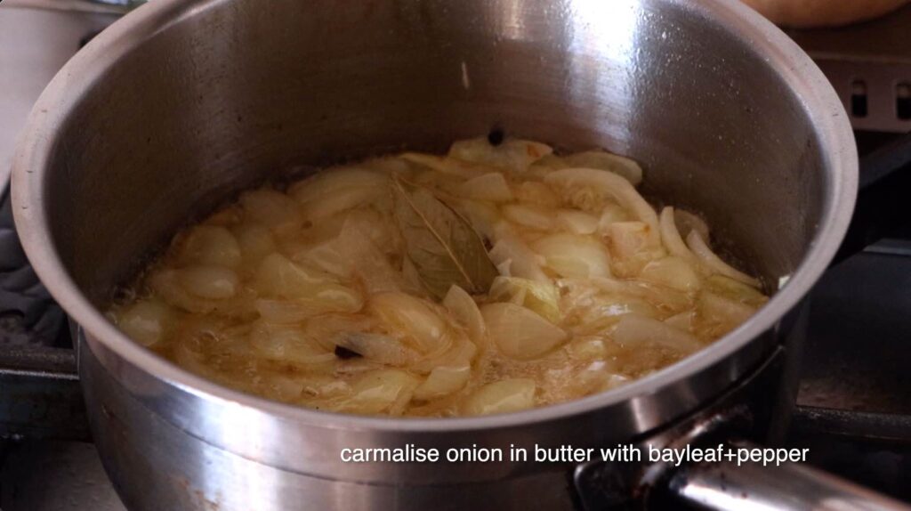 caramelising 2 onions in butter with bayleaf and peppercorn