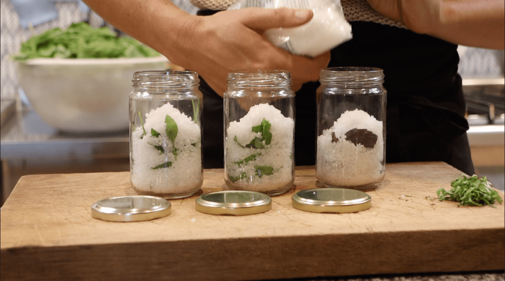 basil leaves in salt