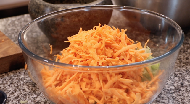 a clear bowl full of grated veggies, the farming chefs