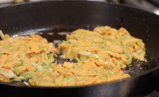 leek and sweet potato fritters in pan