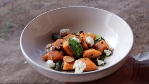 plate filled with orange gnocchi's in daylight