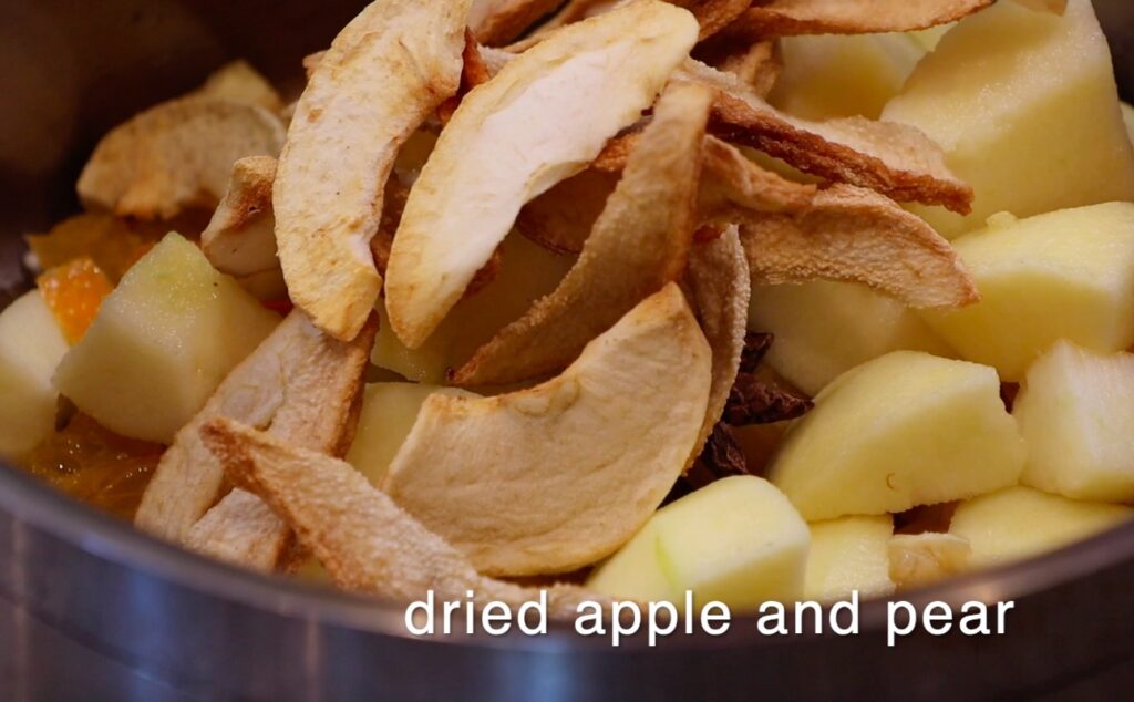 dried apple and pear slices, fresh apple chunks, writing