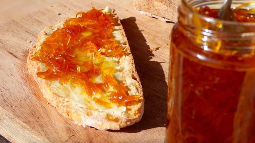 slice of bread with chunky orange spread on cutting board, sunshine