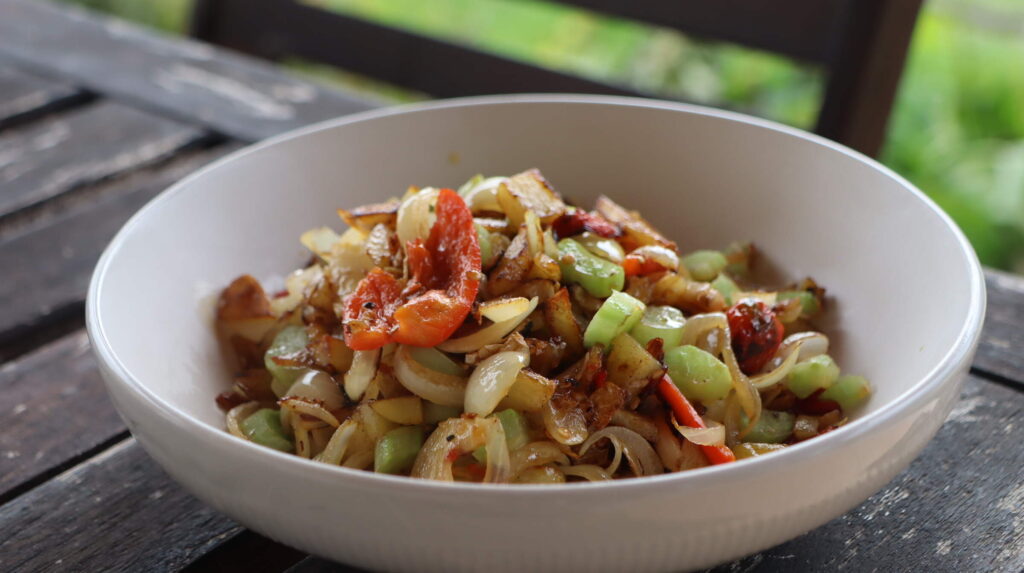 Spicy Farm-Fry with Garlic, Jalapeño, Potatoes, and Cabbage Stems